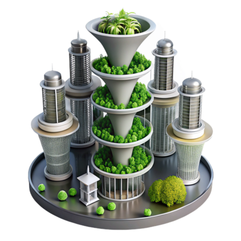 Eco-City Vertical Farming 3D Illustration Futuristic Sustainable Urban Design Greenery Tower png