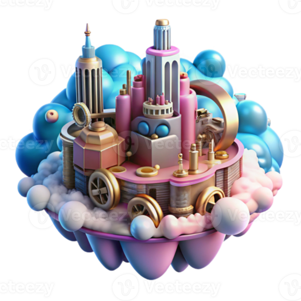 Whimsical 3D Render of a Floating Cityscape Cloud Island Metropolis, Abstract Architectural Fantasy, Steampunk Gears, Surreal Urban Landscape, Bubble Background, Creative 3D Illustration png