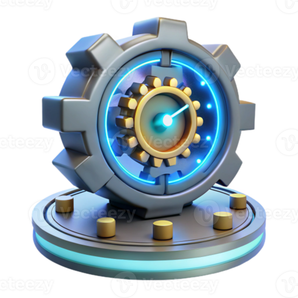 3D Render Gear Clock Mechanism Time Management Abstract Background Industrial Design Neon Lights Metallic Texture Cogwheel Abstract 3D png