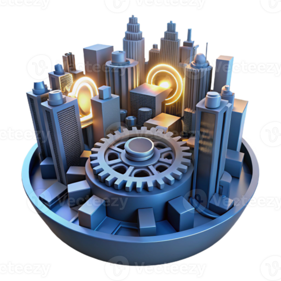 Futuristic Cityscape 3D Render Gear Mechanism Illustration png