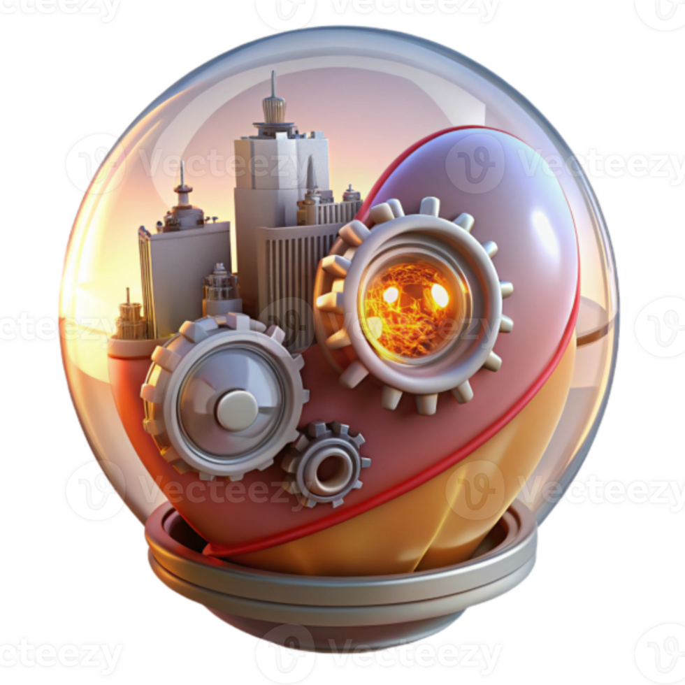 3D Illustration Urban Cityscape Inside Glass Orb with Mechanical Gears png