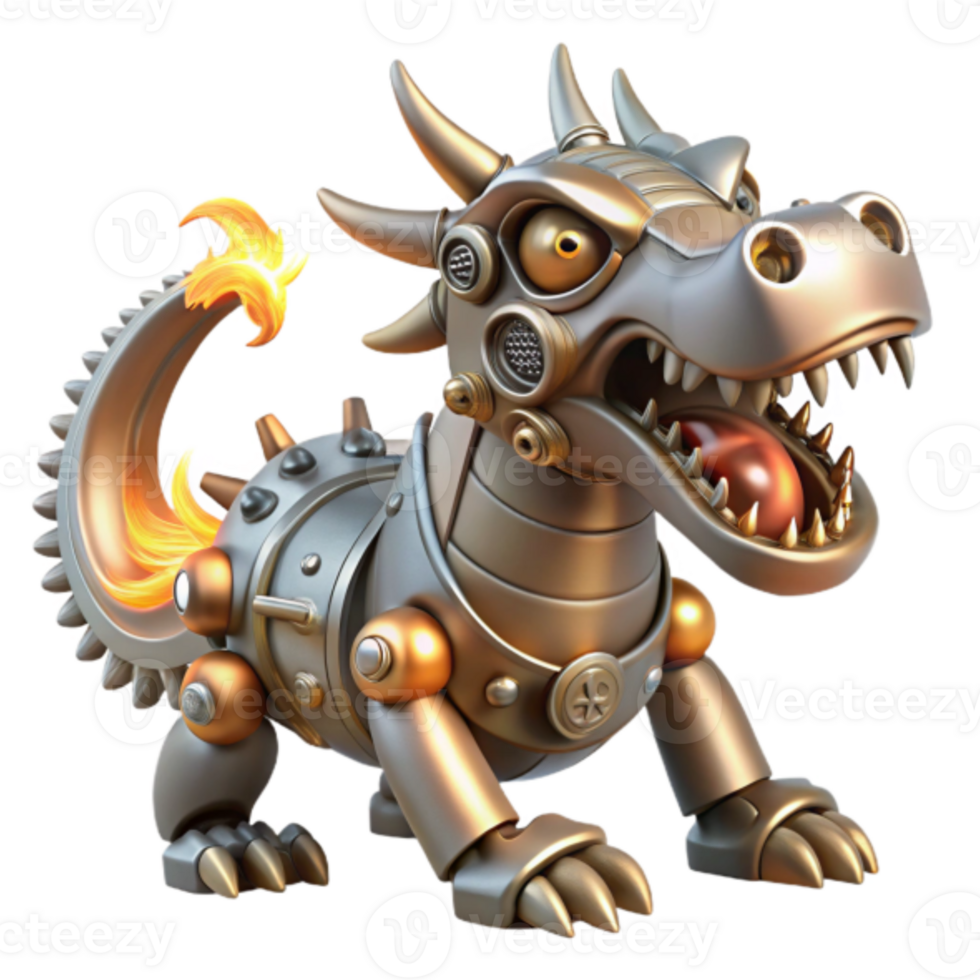 Steampunk Dragon 3D Render Illustration Fiery Tail Mechanical Creature png