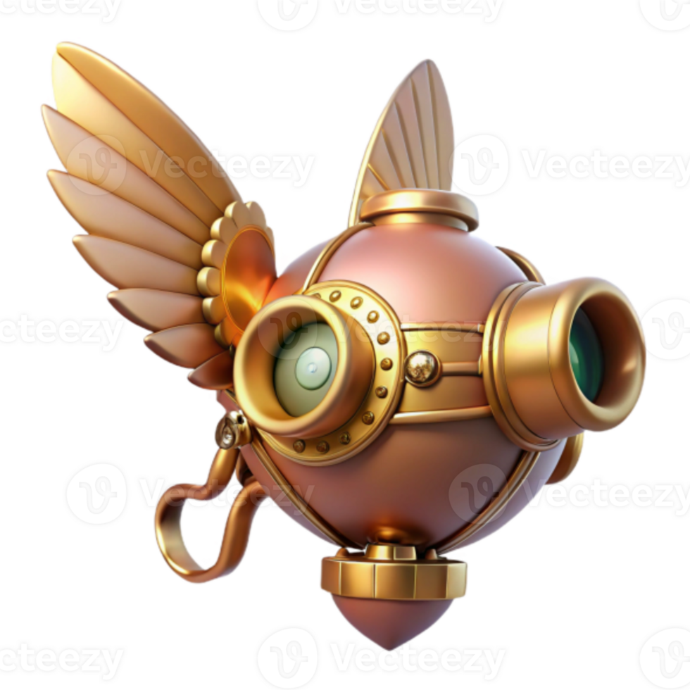 Steampunk Orb with Wings 3D Render, Golden and Rose Gold Mechanical Device Illustration png
