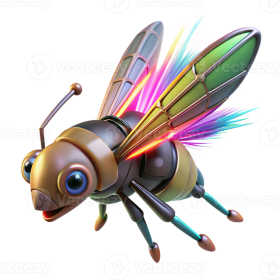 Vibrant 3D Render of a Robotic Bee with Rainbow Wings png
