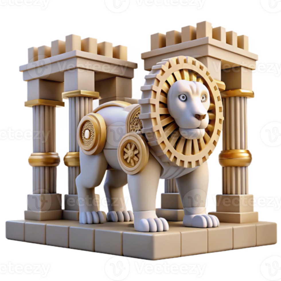 Majestic 3D Render of a Mechanical Lion at Ancient Pillars png
