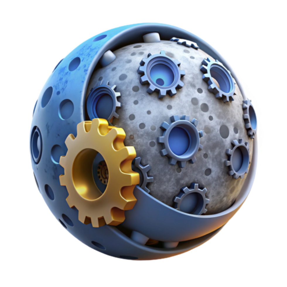 3D Render of a Gear-Embedded Moon Orb Abstract Mechanical Celestial Sphere png