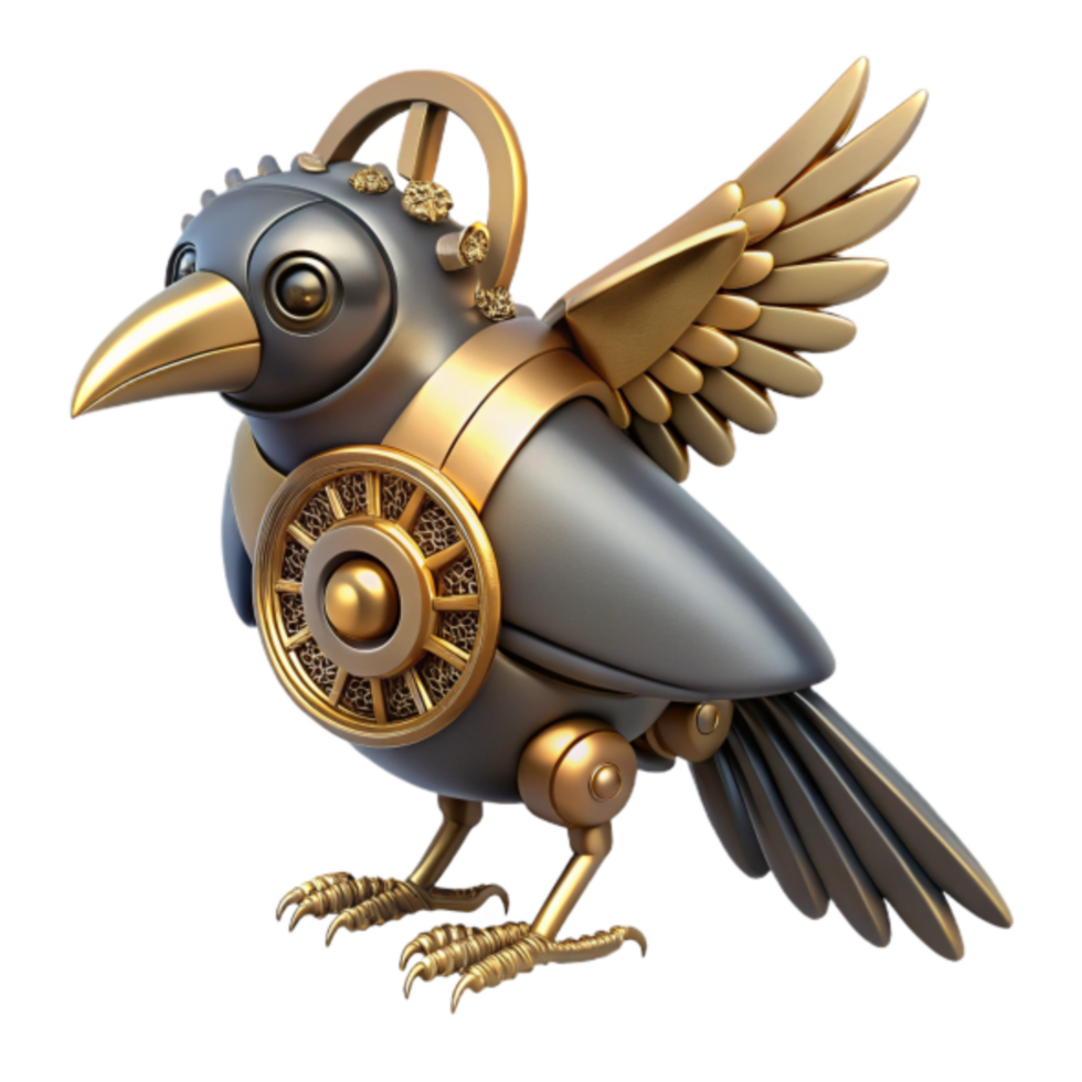Steampunk Bird 3D Render, Mechanical Avian Illustration, Gold and Gray Robot Crow Design png