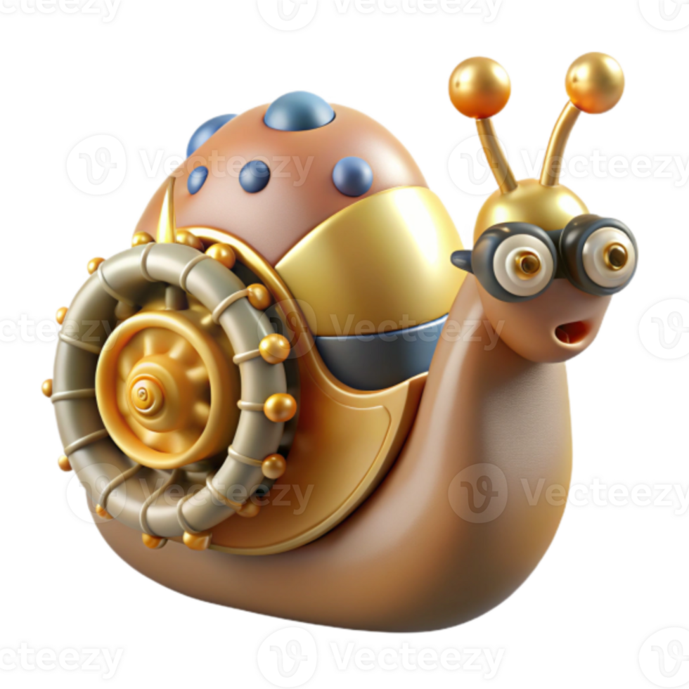 Steampunk Snail 3D Render Illustration Gold Gear Wheels png