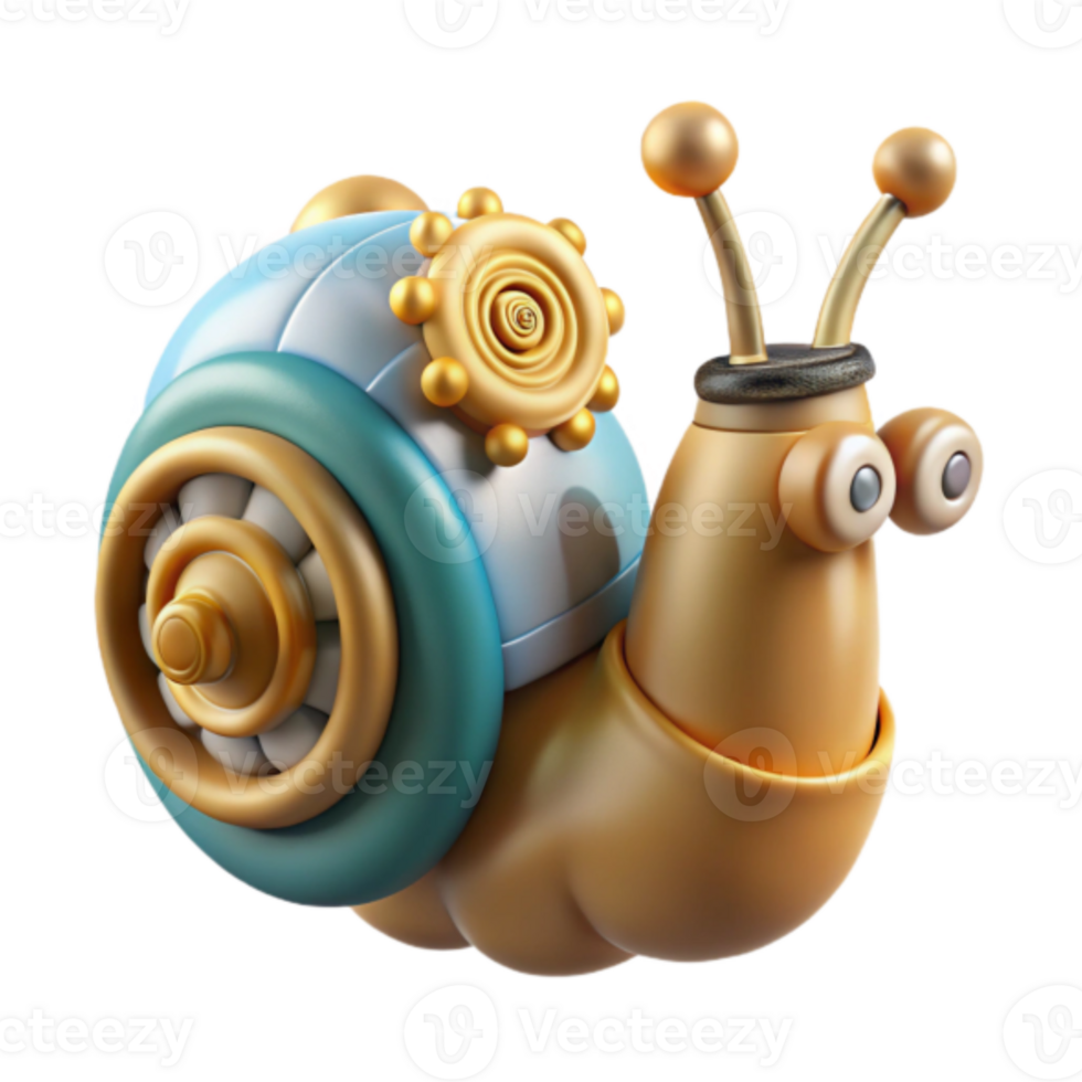 Steampunk Snail 3D Render Illustration, Whimsical Gold and Teal Snail Design png