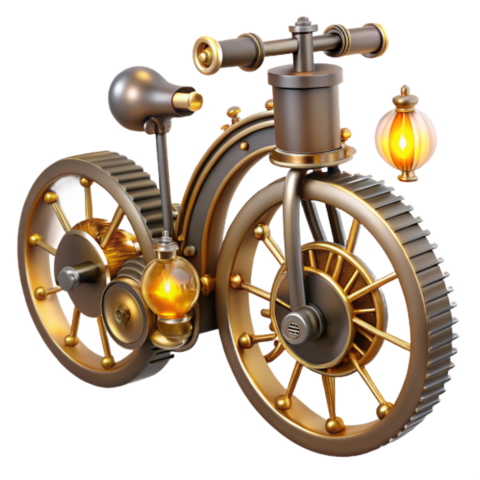 Steampunk Bicycle 3D Render Illustration Intricate Gears, Brass Wheels, and Glowing Lanterns png
