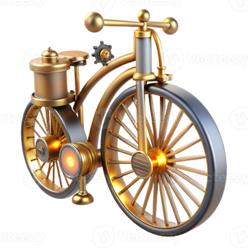 Steampunk Bicycle 3D Render Gold and Brass Retro Design png