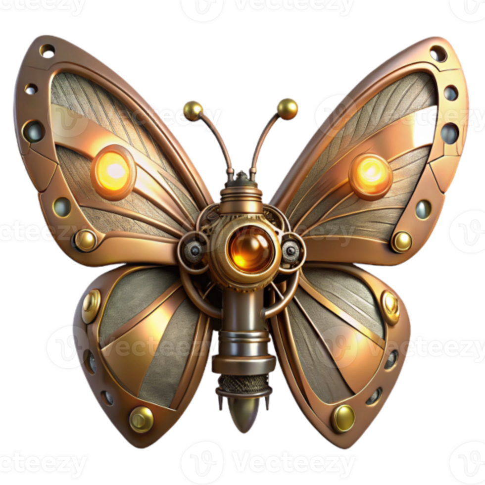 Steampunk Butterfly 3D Render, Mechanical Insect Illustration, Bronze and Gold Cogs, Glowing Lights png