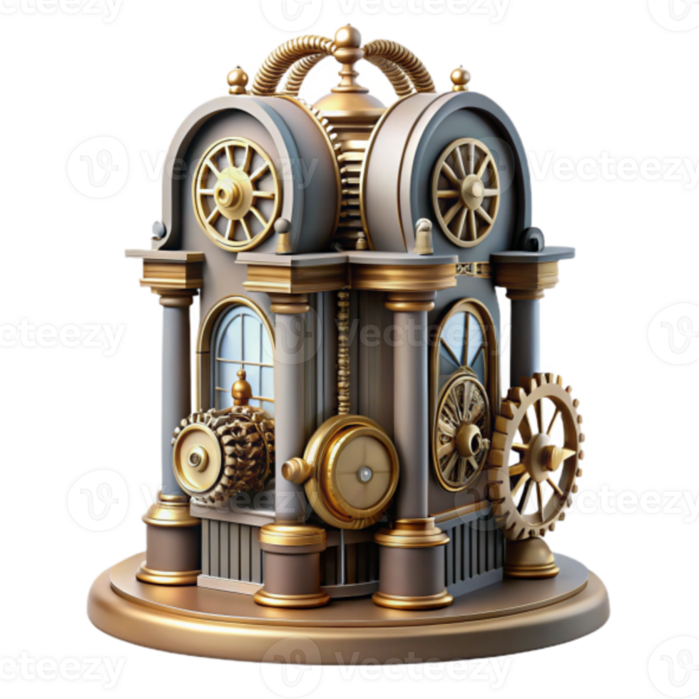 Steampunk Clock Tower 3D Render Golden Gears and Grey Architecture png