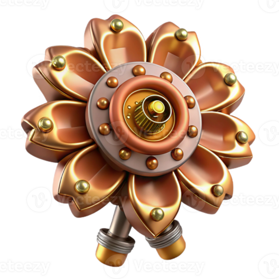 3D Render of a Steampunk Flower with Gearwork and Metallic Petals png