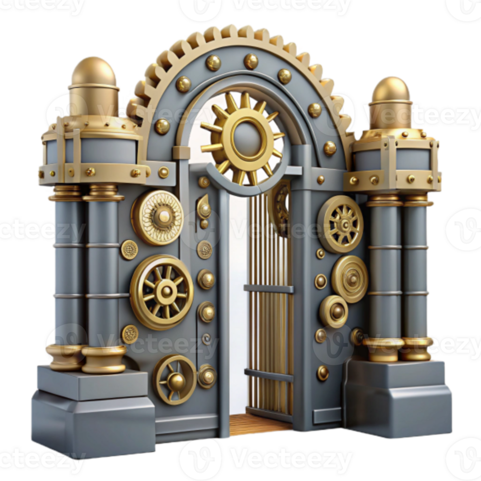 Ornate 3D Render of a Steampunk Gate with Gears and Gold Accents png