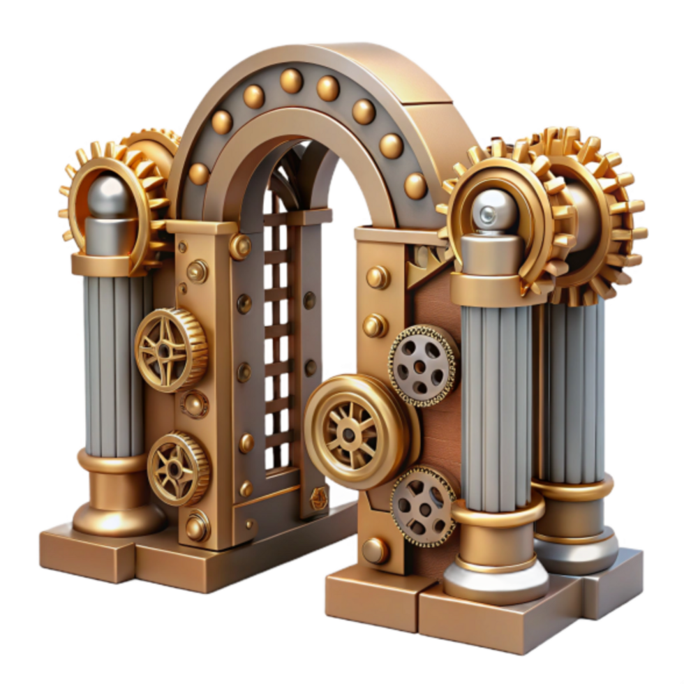 Steampunk Archway 3D Render Golden Gears, Metallic Columns, and Intricate Mechanisms png