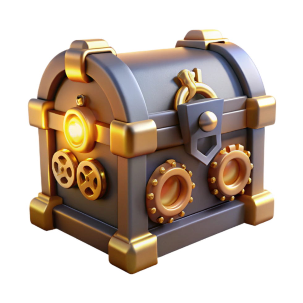 3D Render of a Steampunk Treasure Chest Golden Accents, Glowing Details, and Intricate Mechanisms png