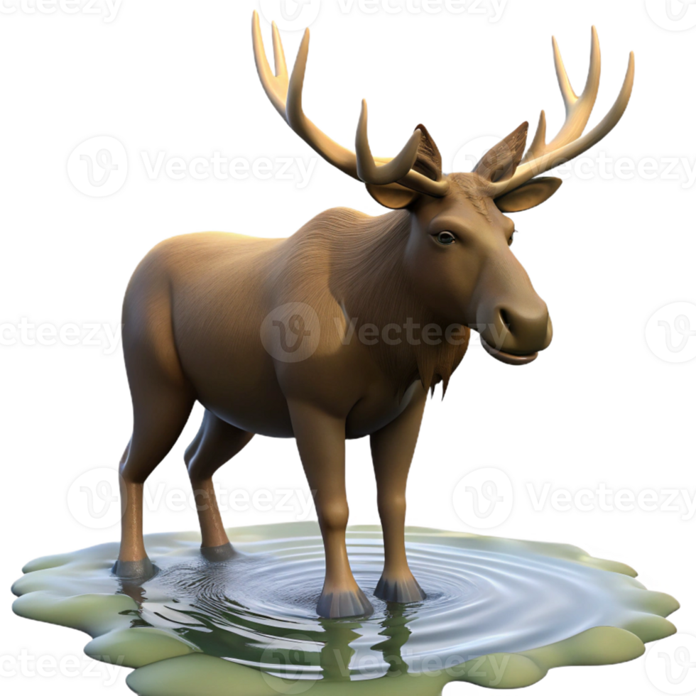 Isometric Render of Moose Standing in Water png