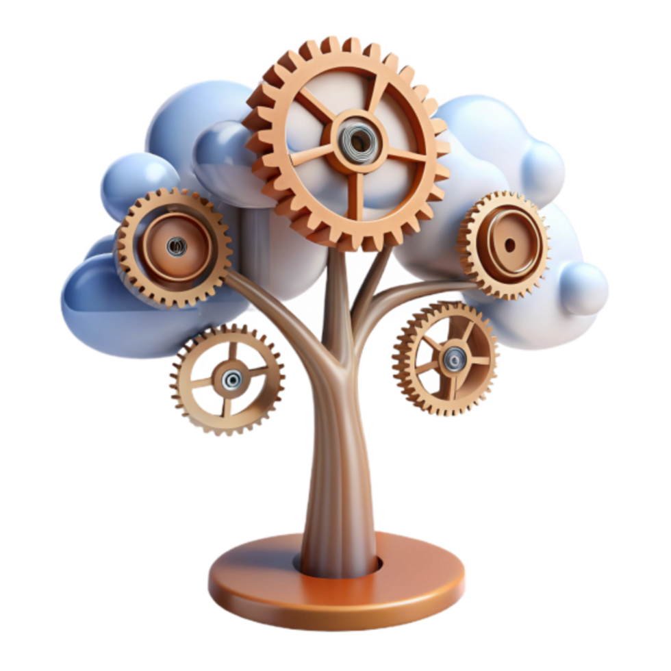 3D Render Gear Tree Illustration Interconnected Cogs and Innovation png