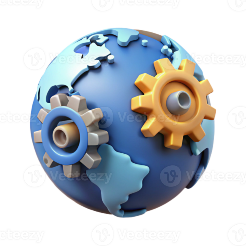 Global Mechanism 3D Render Illustration Earth Gears Interlocking Technology png