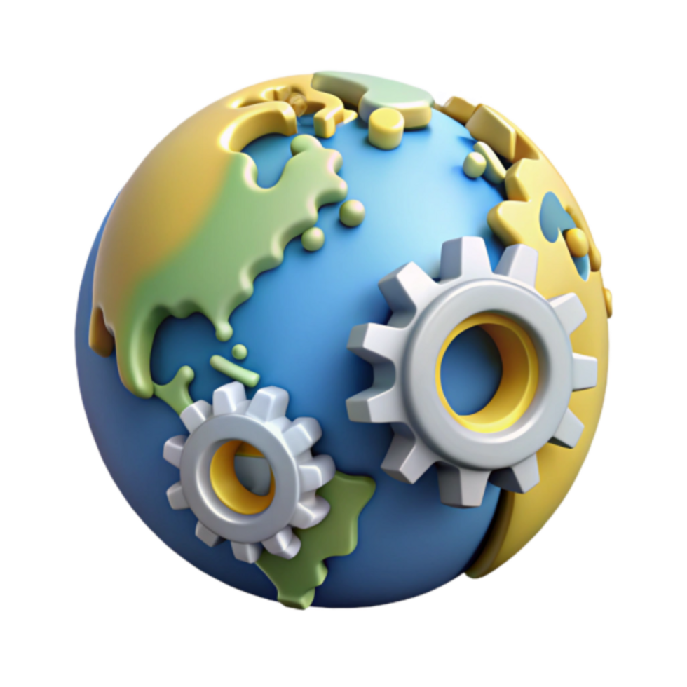 Global Mechanism 3D Illustration Interlocking Gears on Earth Model png