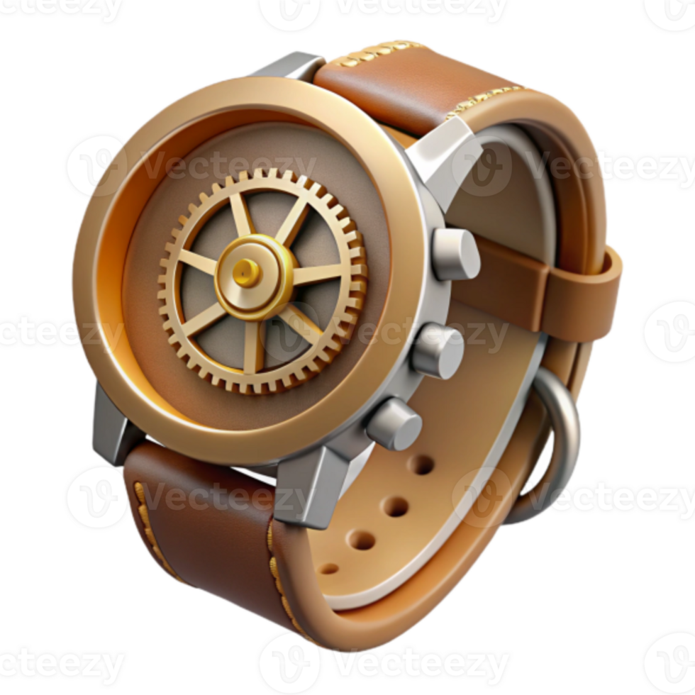 3D Render of a Stylish Brown Leather Wristwatch with Exposed Gear Mechanism png