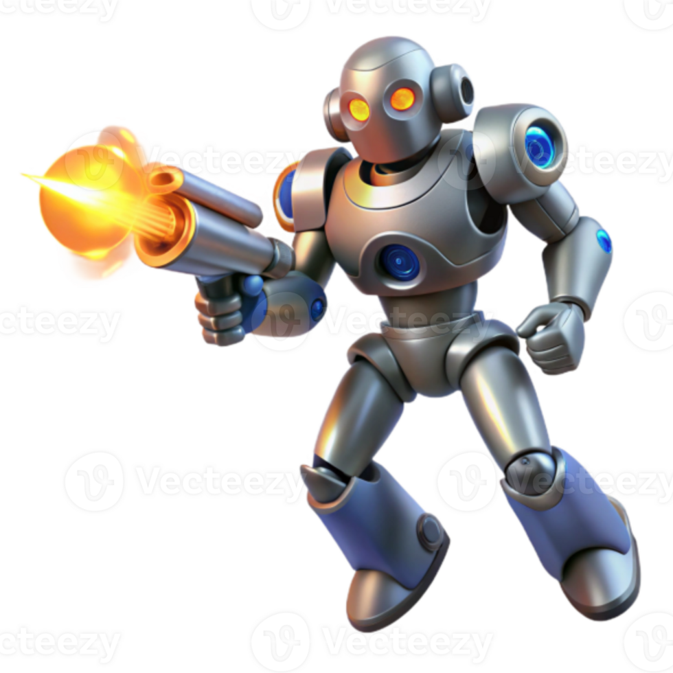 3D Render of a Futuristic Silver Robot Firing a Blaster png