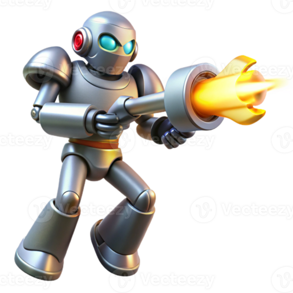 3D Render of a Futuristic Metal Robot Firing a Weapon png
