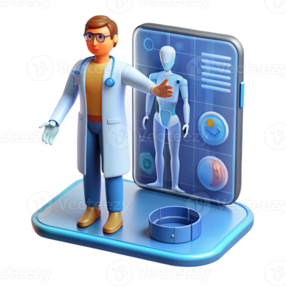 3D Illustration Doctor and Robot Diagnostic Mobile App Interface png