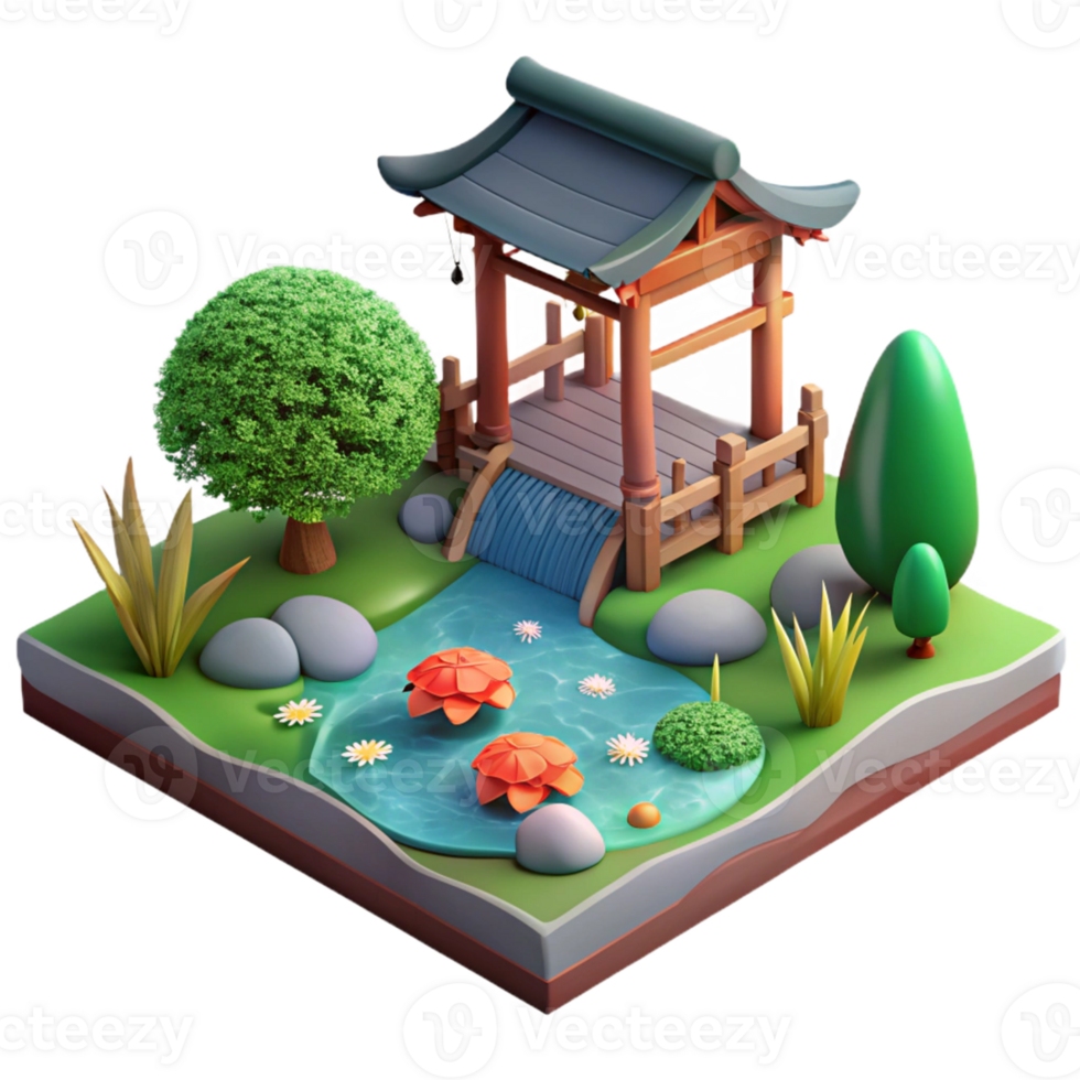 Isometric Isometric Garden Scene with Bridge png