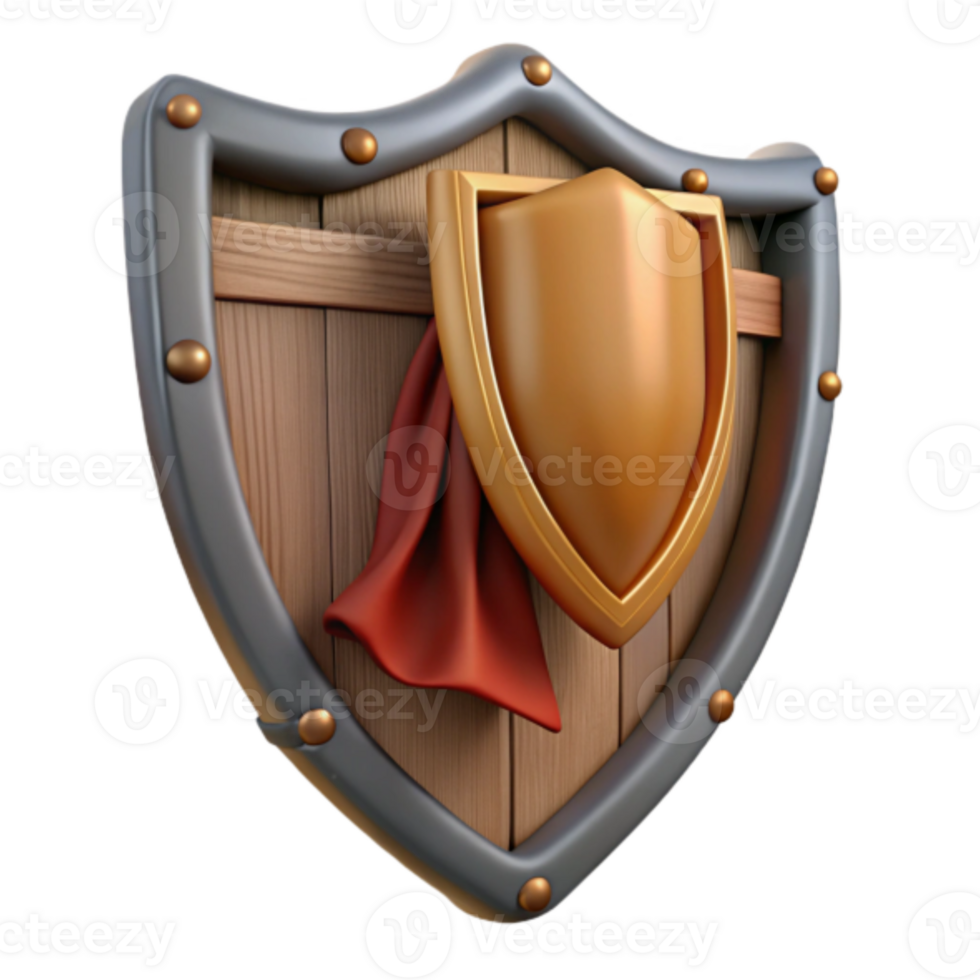 Wooden Shield with Golden Emblem 3D Render png