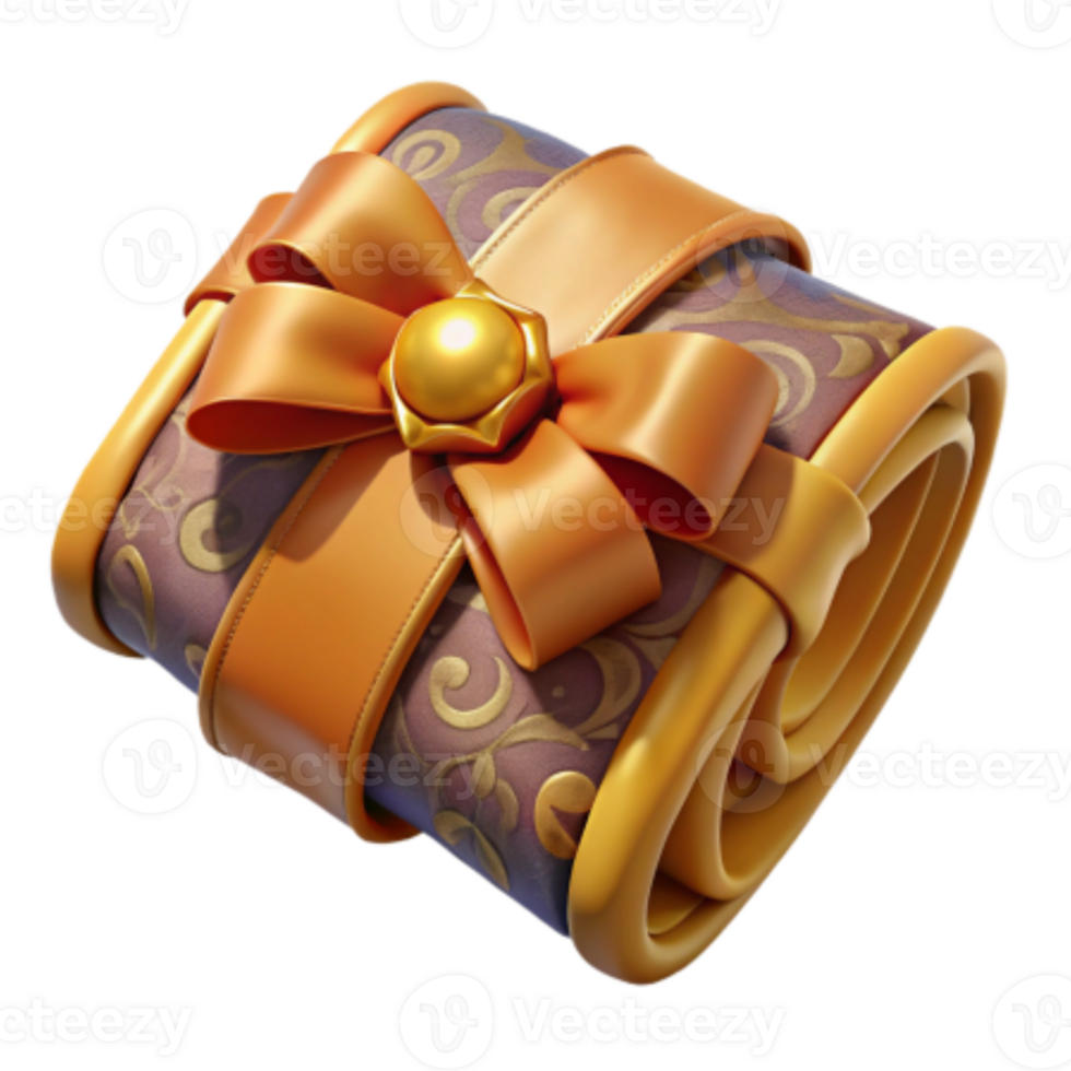 3D Render of Elegant Gift Roll Wrapped in Orange Ribbon and Gold Accents png