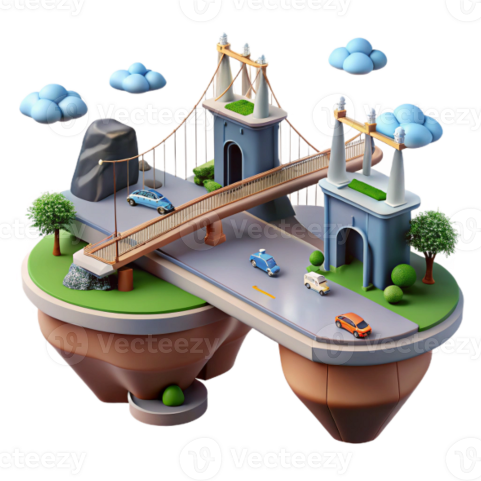 Island Suspension Bridge 3D Render Illustration - Cars, Clouds, and Lush Greenery png