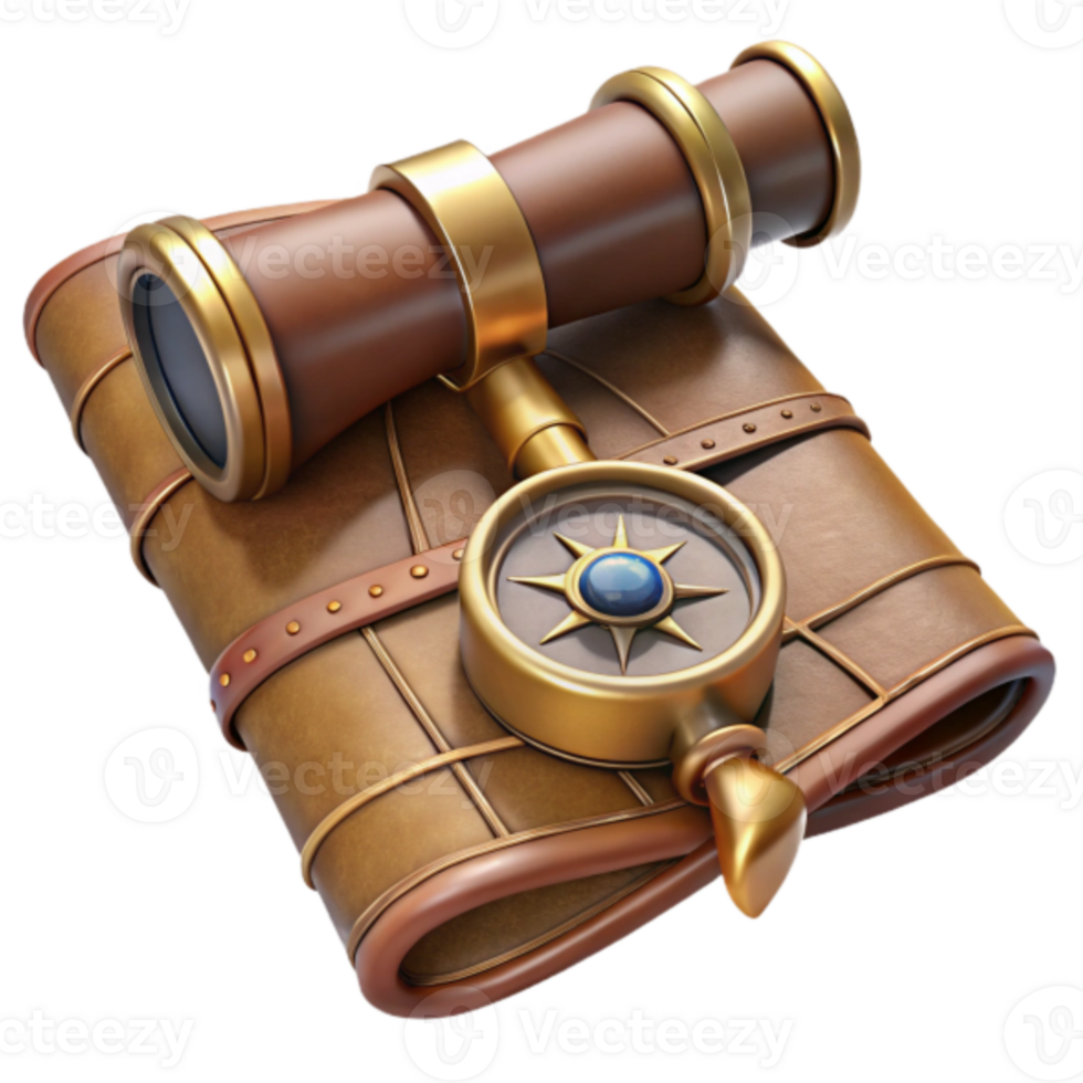 3D Render of Vintage Spyglass and Compass on Leather Map - Exploration Adventure png