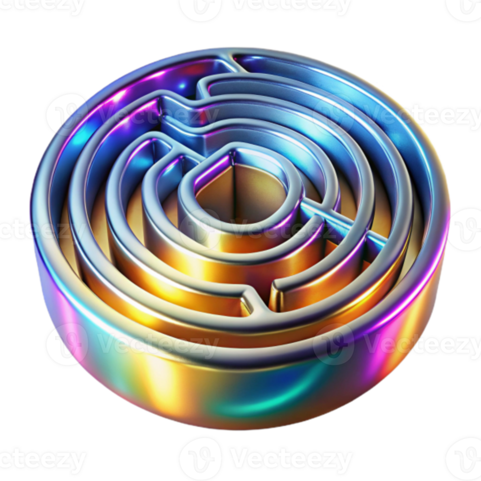 Circular 3D Maze Illustration, Iridescent Metal Texture, Abstract Design, Colorful Labyrinth, Puzzle Game Graphic, Intricate Pattern, Geometric Art, Shiny Surface, Rainbow Hues, Visual Riddle png