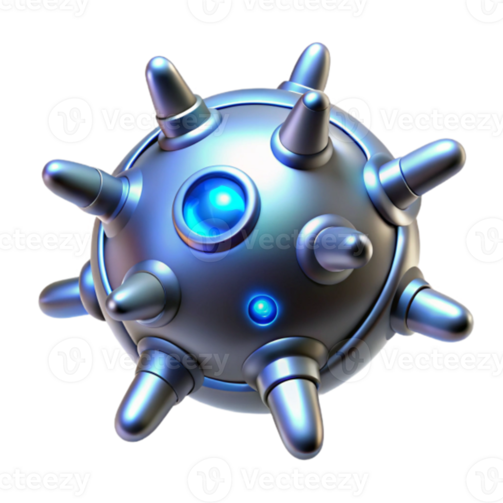 3D Render of a Metallic Spiked Sphere with Glowing Blue Lights - Futuristic Technology Illustration png