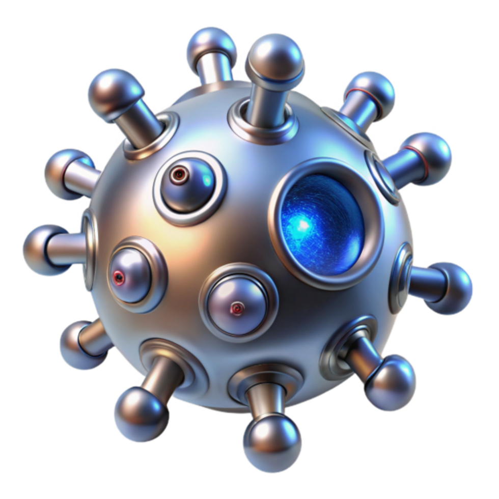 Futuristic 3D Render of a Metallic Bio-Mechanical Sphere with Sensors png