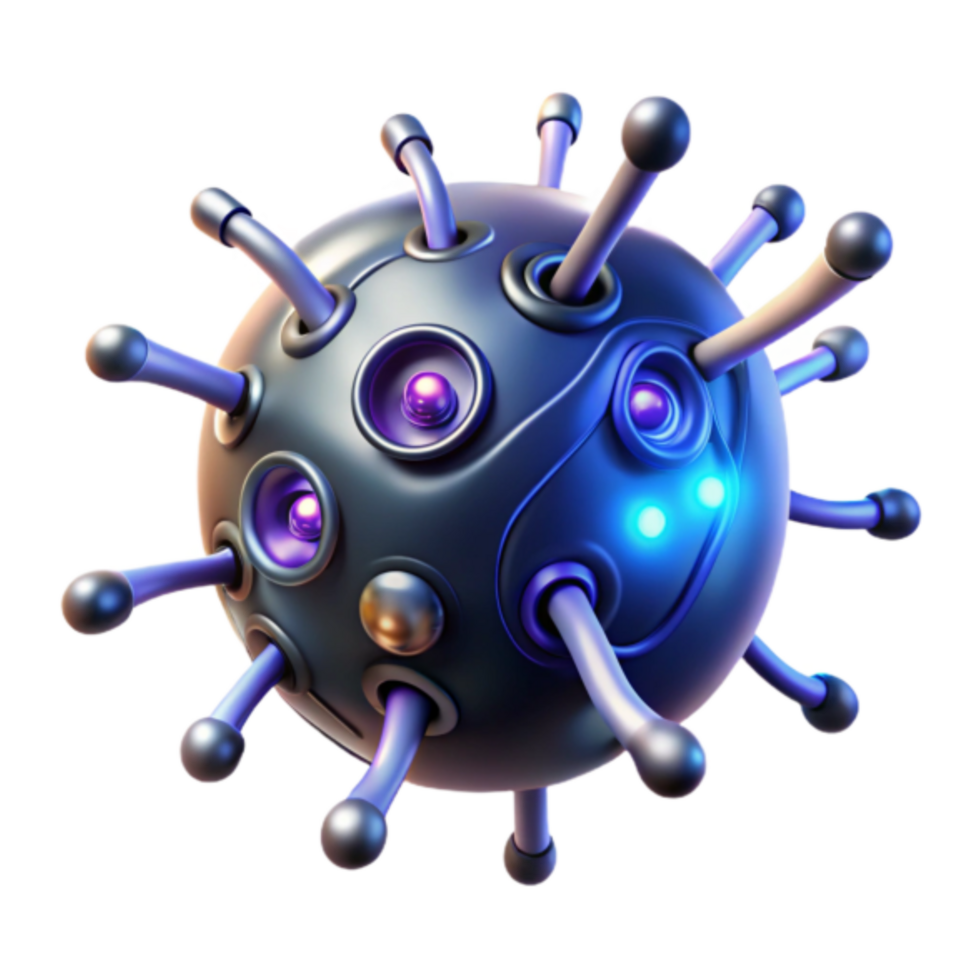 Futuristic 3D Render of a Metallic Bio-Mechanical Sphere with Tentacles png