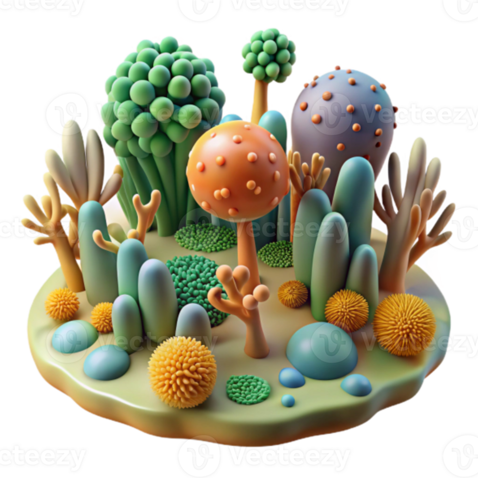 Whimsical 3D Render of a Fantasy Landscape with Colorful Cartoon Plants and Mushroom png