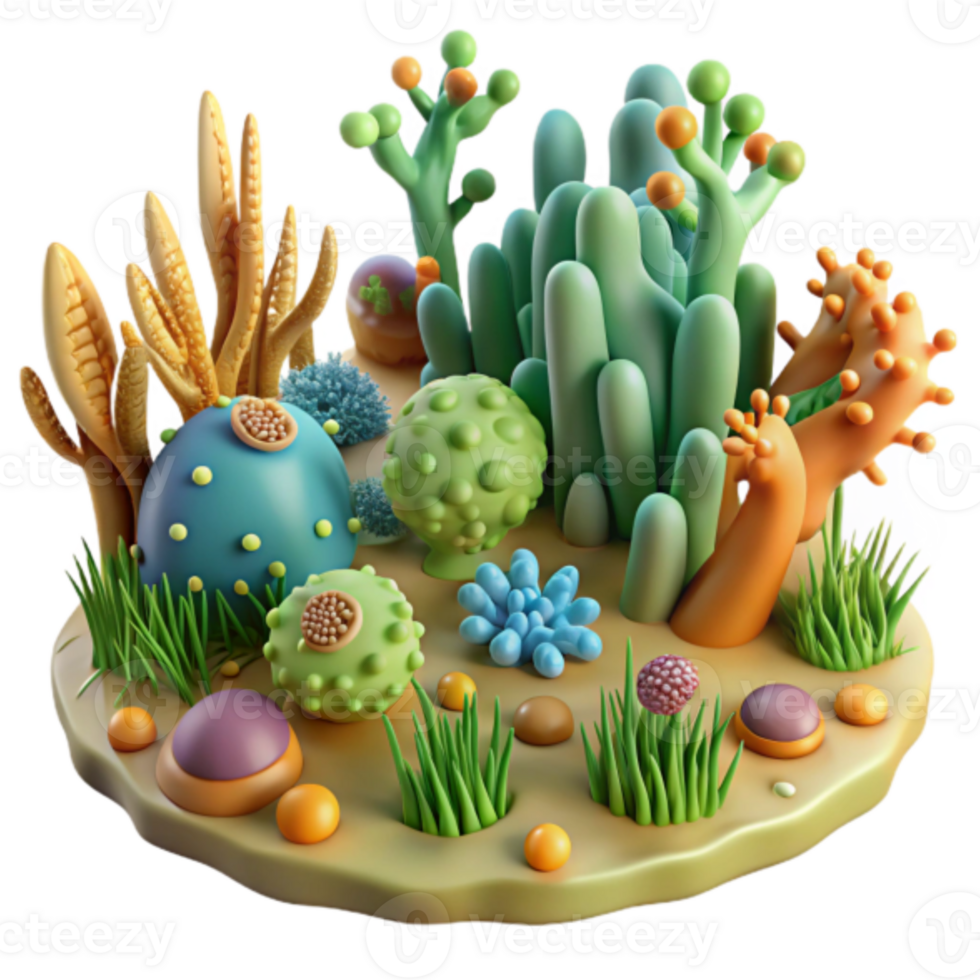Vibrant 3D Render of a Whimsical Underwater Scene with Cartoonish Coral Reefs and Lush Vegetation png