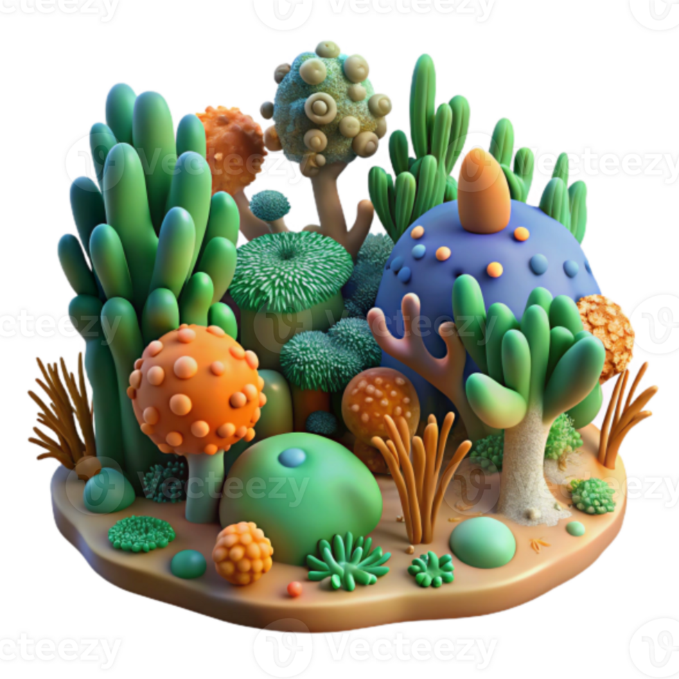 Vibrant 3D Render of a Whimsical Fantasy Landscape with Colorful Plants and Fungi png