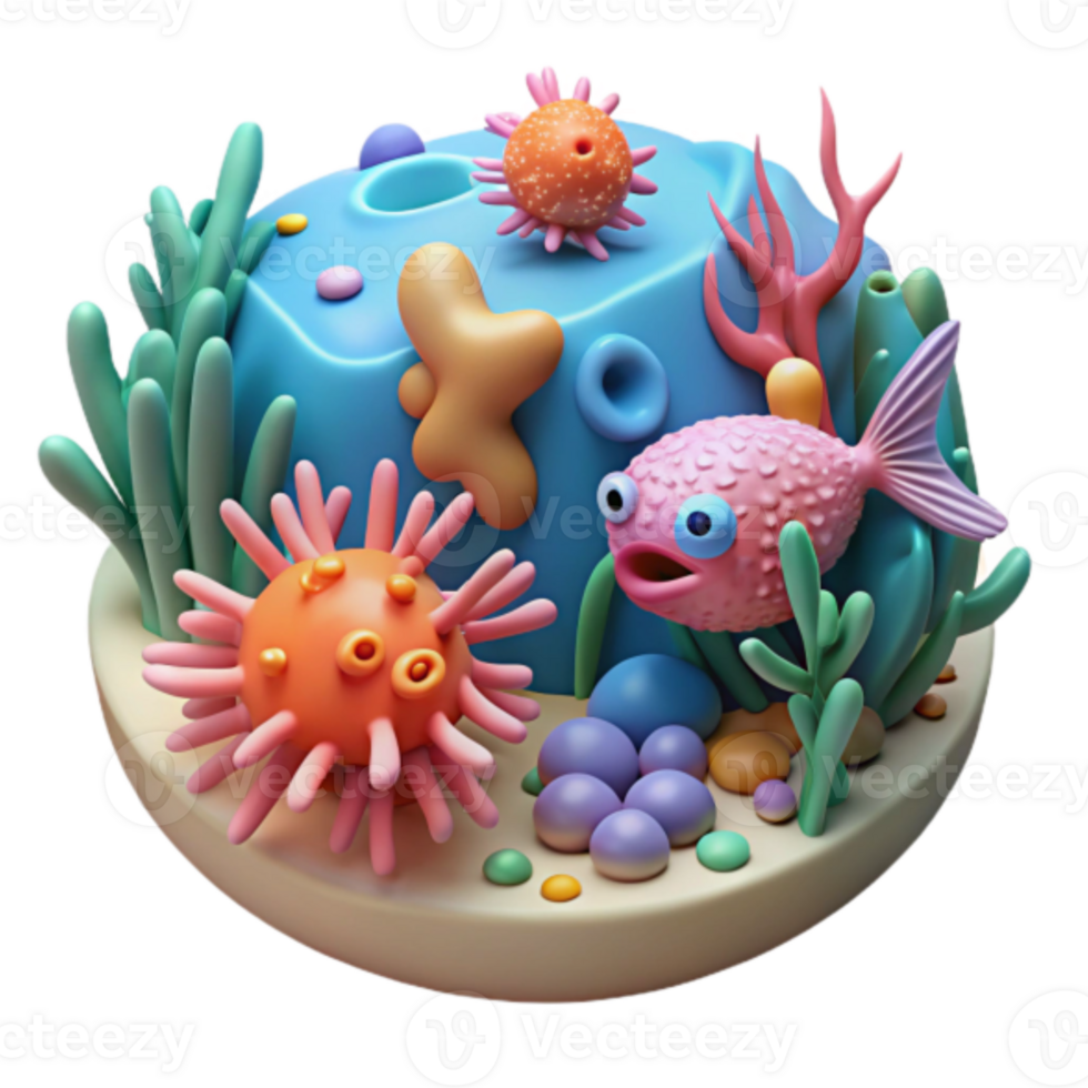 Vibrant 3D Render of an Underwater Scene with Cartoonish Fish and Coral png