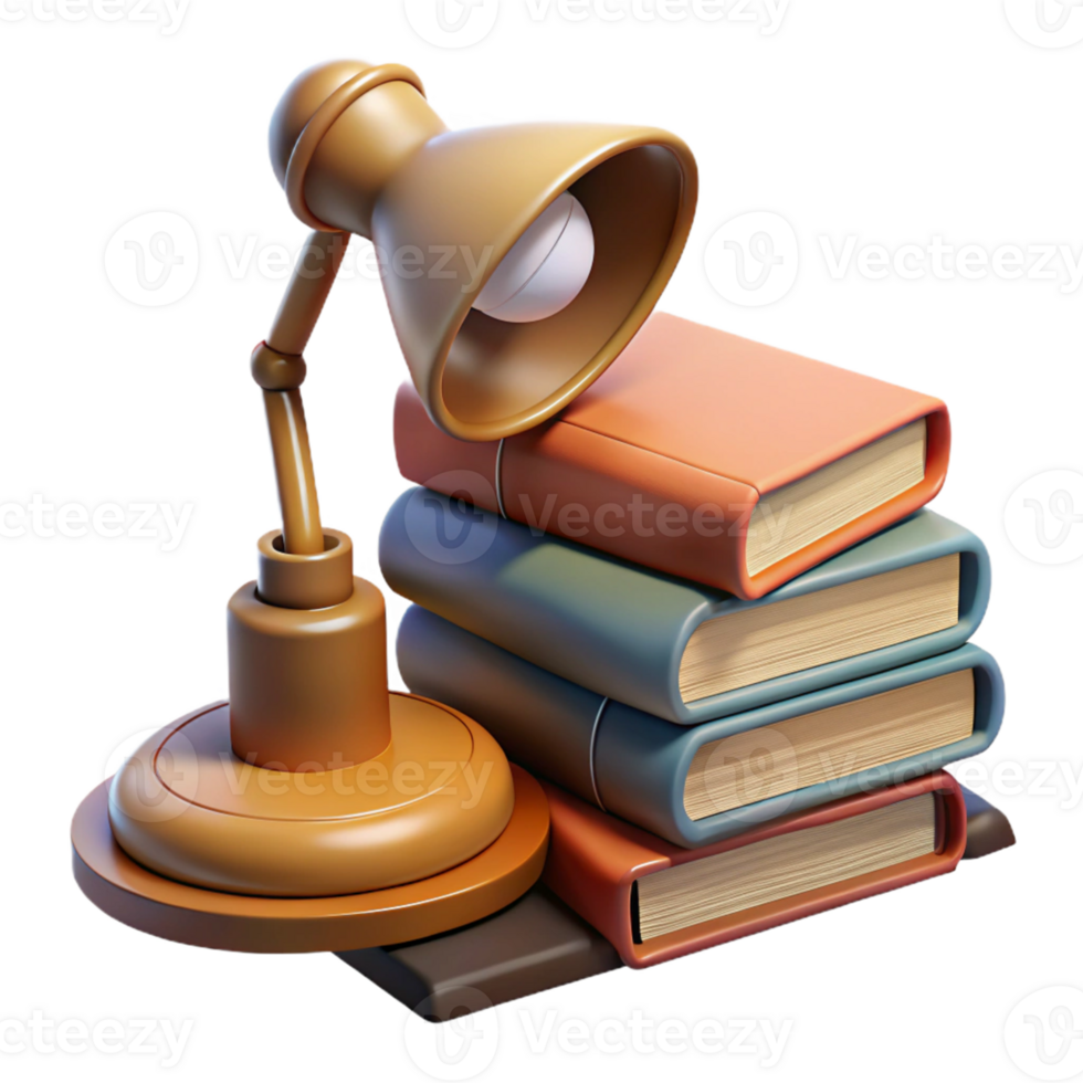 Isometric Render of Desk Lamp and Stacked Books png