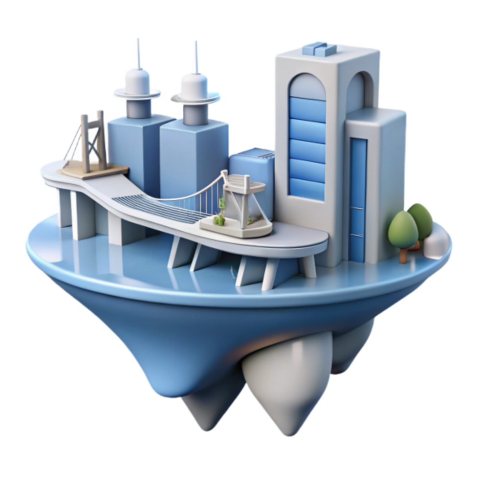 Floating City Island 3D Render Illustration Urban Architecture, Modern Cityscape, Futuristic Design, Bridge, Skyscrapers, Tiny City, Island Scene, 3D Model, Digital Art png