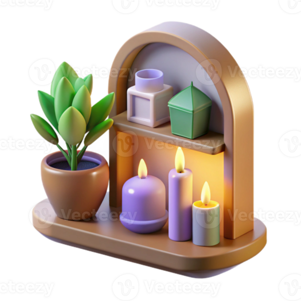 3D Render Cozy Shelf with Candles and Succulent Plant Illustration png