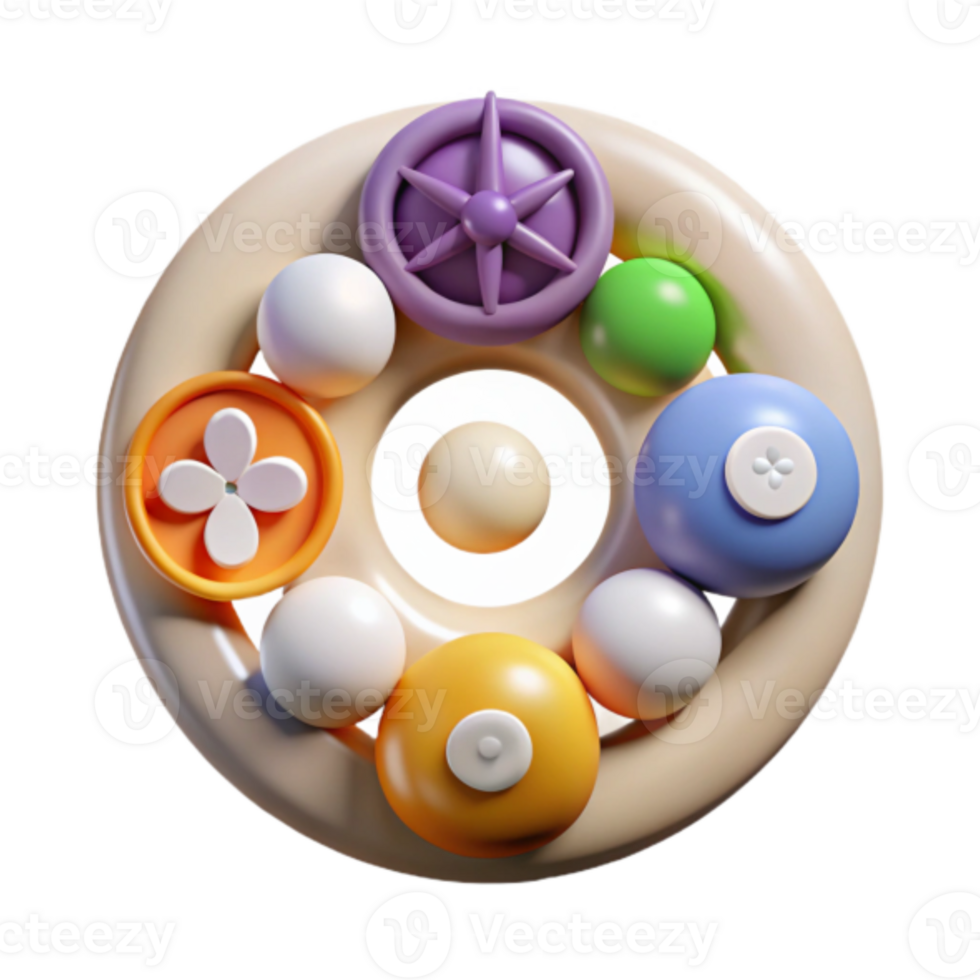 Colorful 3D Render of Abstract Circular Design with Pastel Spheres and Geometric Shapes png