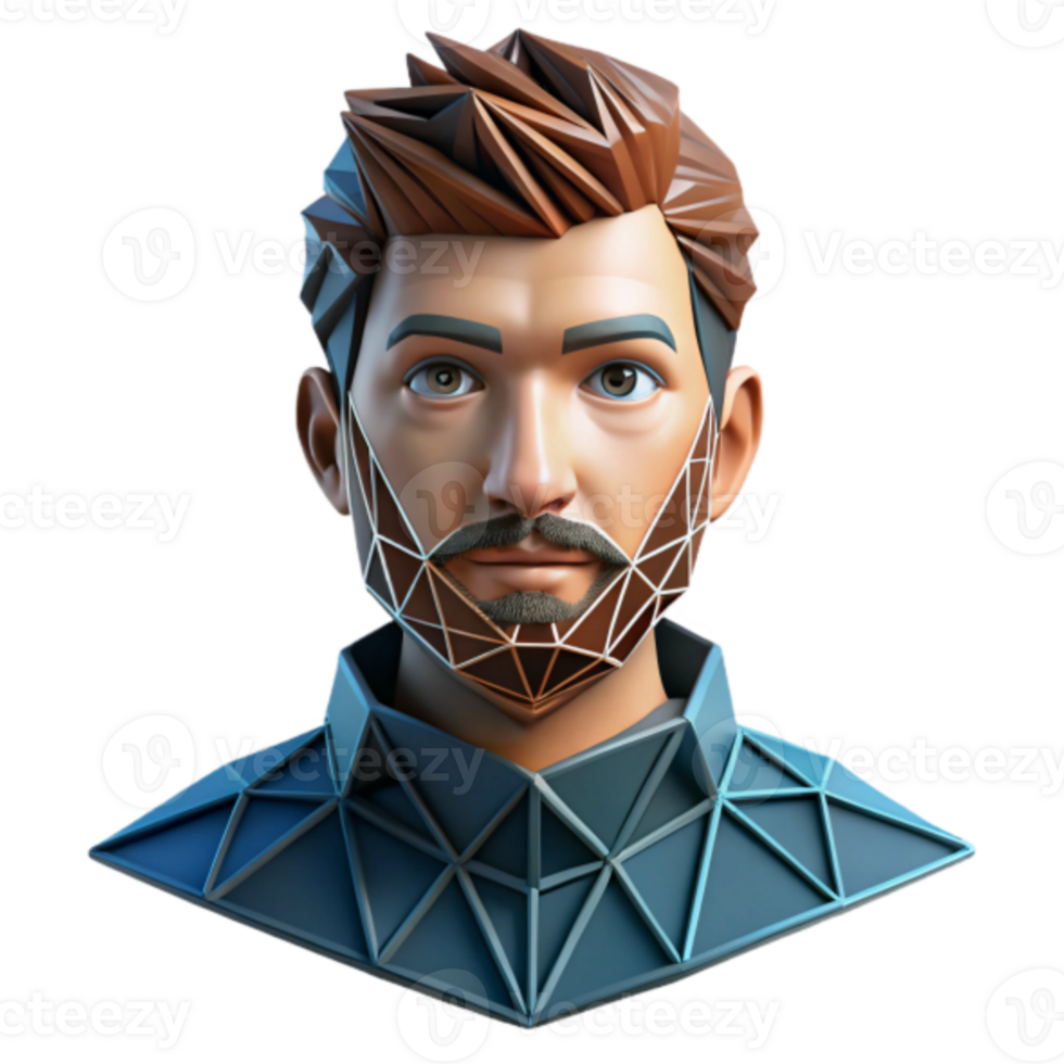 Geometric 3D Model of a Man's Bust, Low Poly Art, Stylized Portrait, Abstract Figure, Digital Illustration, Modern Design, 3D Render, Geometric Beard, Creative Artwork png