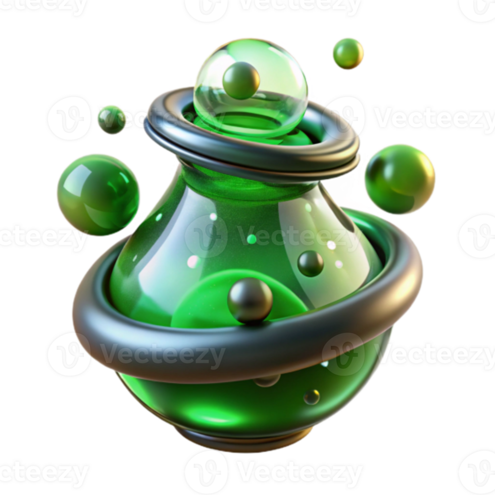 Vibrant Green 3D Render of a Magical Orb, Glowing Liquid, and Floating Spheres png