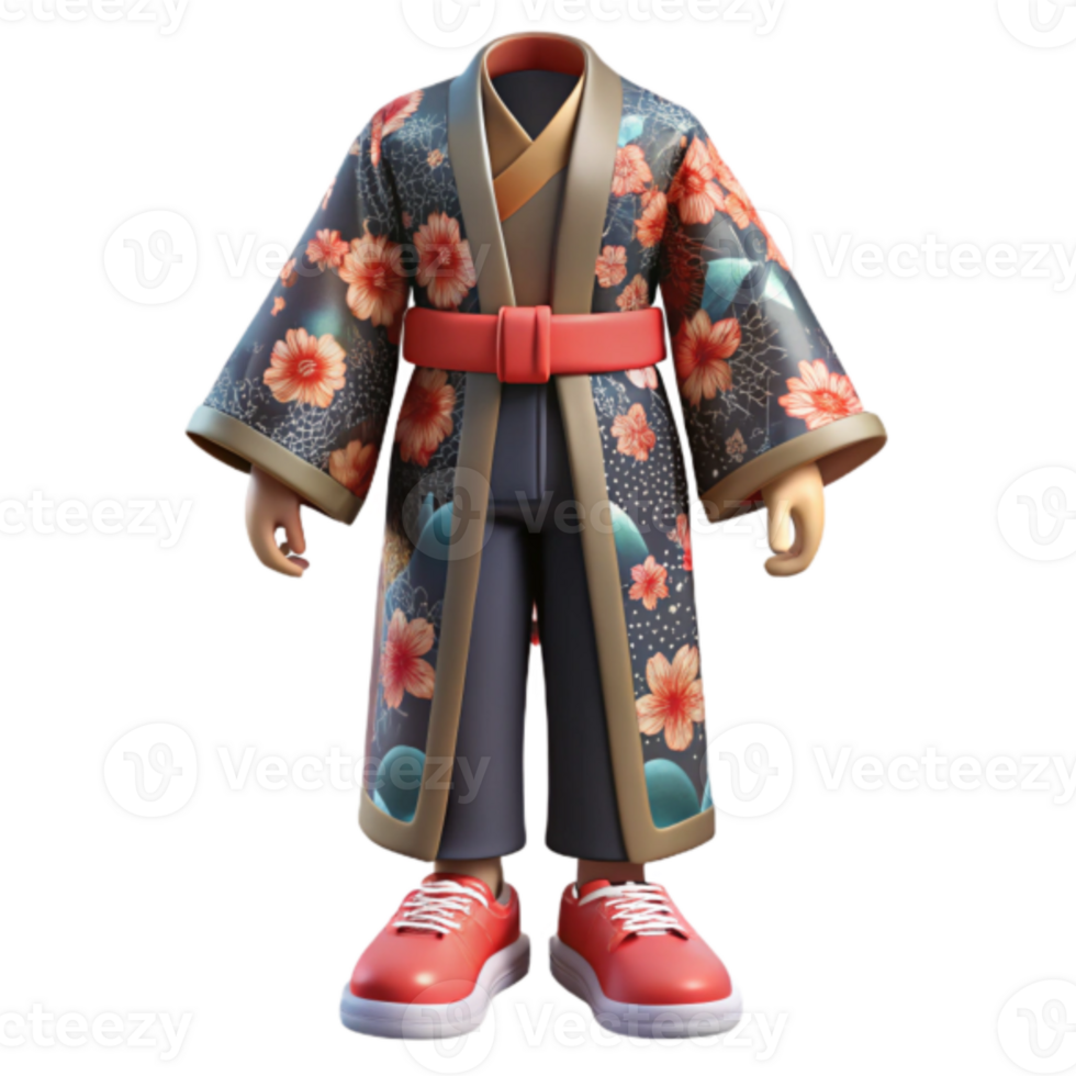 3D Render of a Headless Figure in a Floral Kimono and Red Shoes png