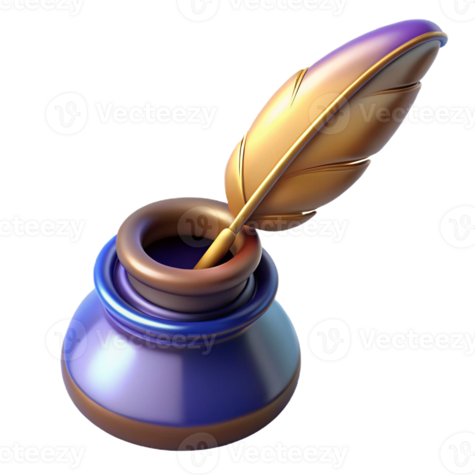 Isometric Render of Ink Pot and Quill png